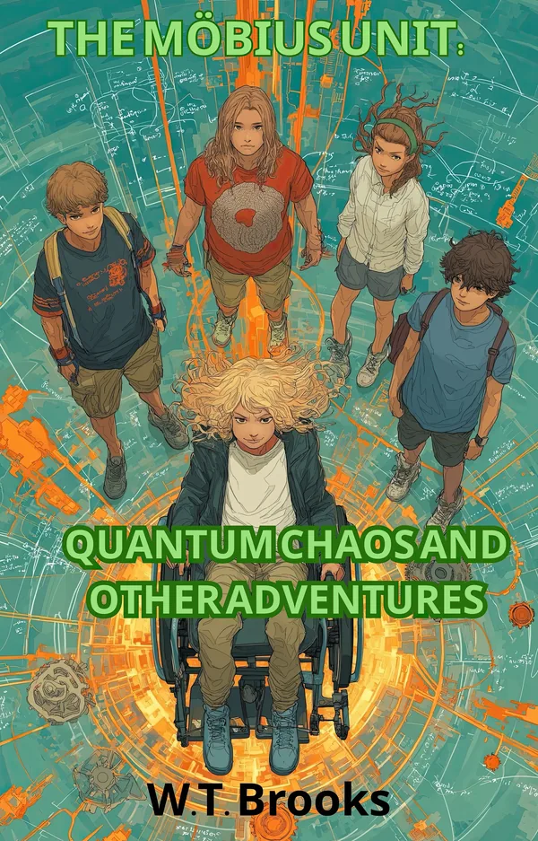 Cover of The Möbius Unit: Quantum Chaos and Other Adventures — five middle schoolers and STEM schematics